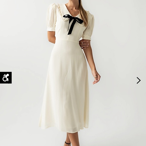 NWT Commense White Peter Pan Collar Midi Dress with‎ Black Bow - Picture 16 of 16